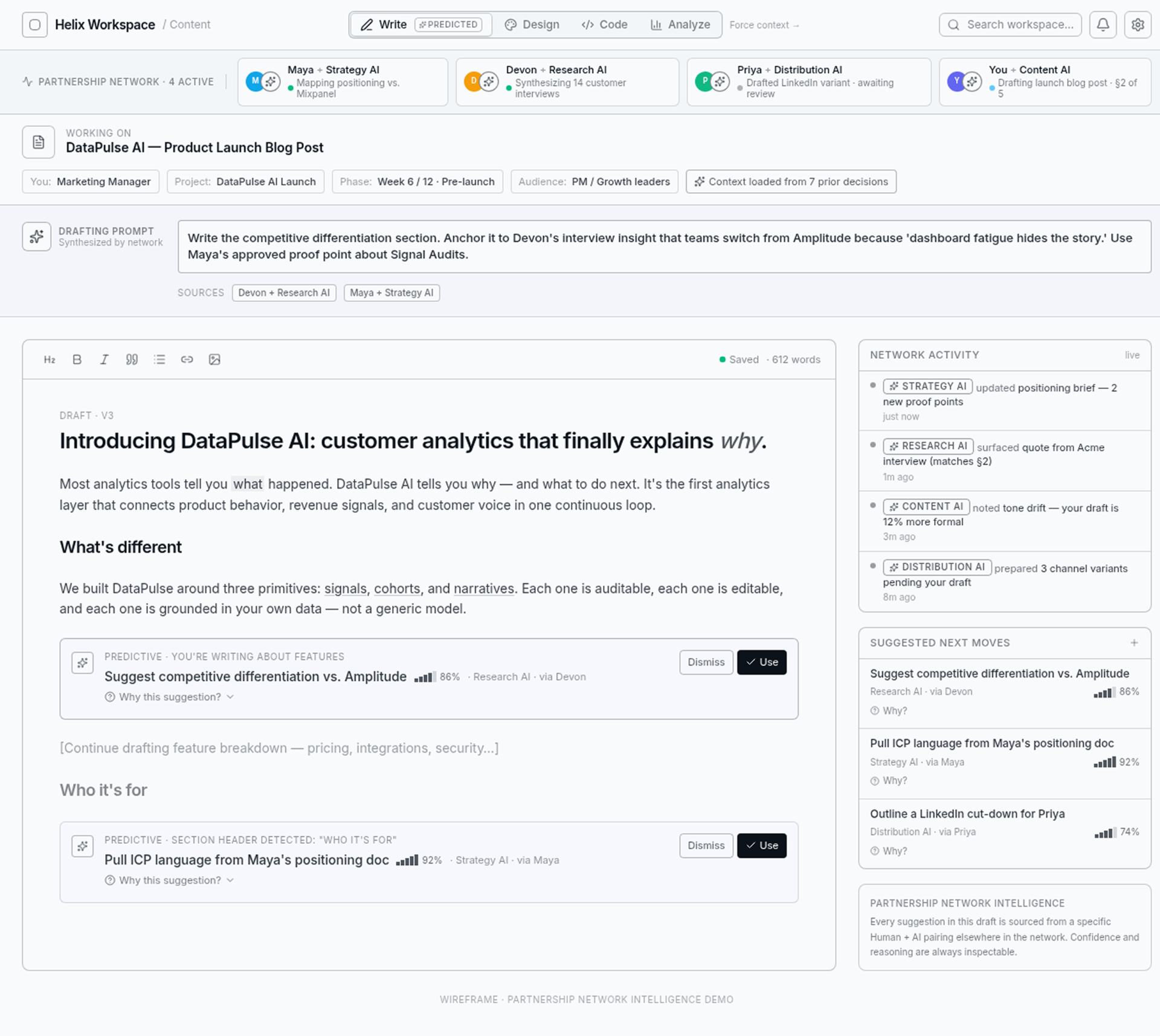 Helix Workspace prototype — human + AI partnership chips above a content editor with inline AI suggestions